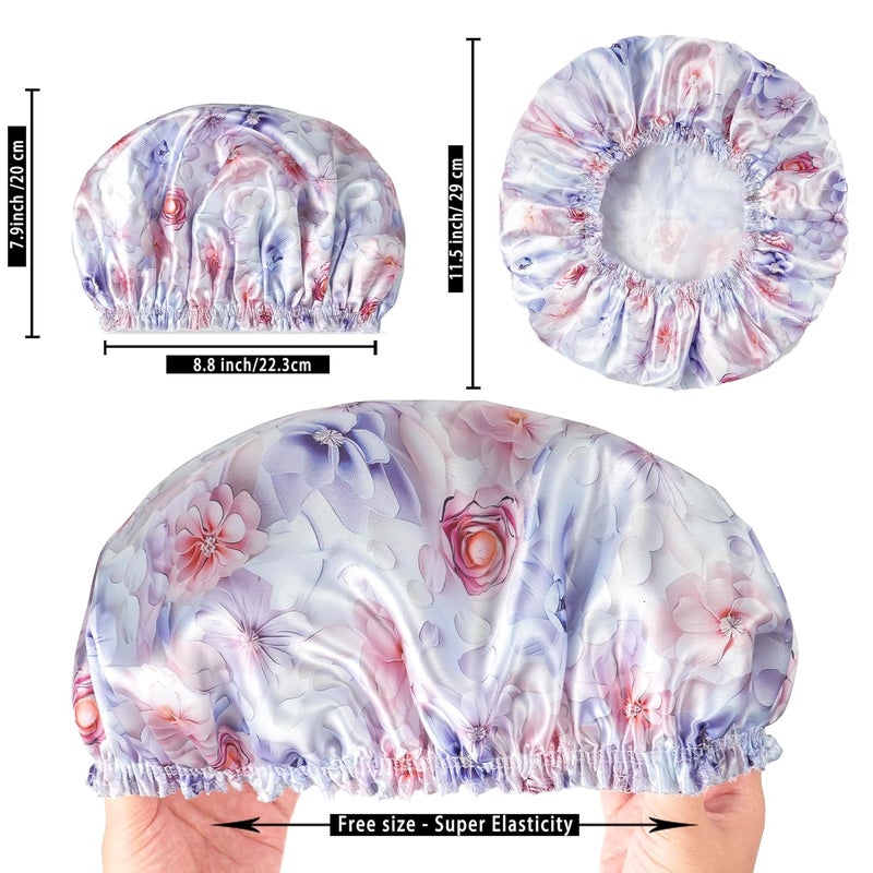 CHFONG 4 PCS Shower Caps for Women, Printing Bath Caps, Double Layers Shower Cap Reusable Waterproof, Bathing Shower Caps, Environmental Protection Hair Bath Hat - Flower - Image 4
